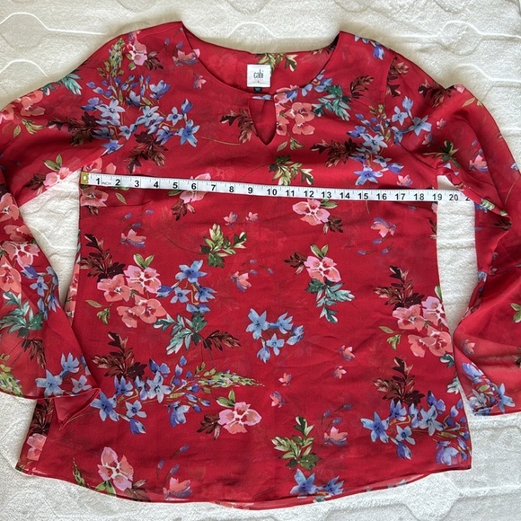 Cabi Womens Red Floral Sheer Lined Bell Sleeve Blouse Sz S Romantic Boho Spring - Picture 5 of 8